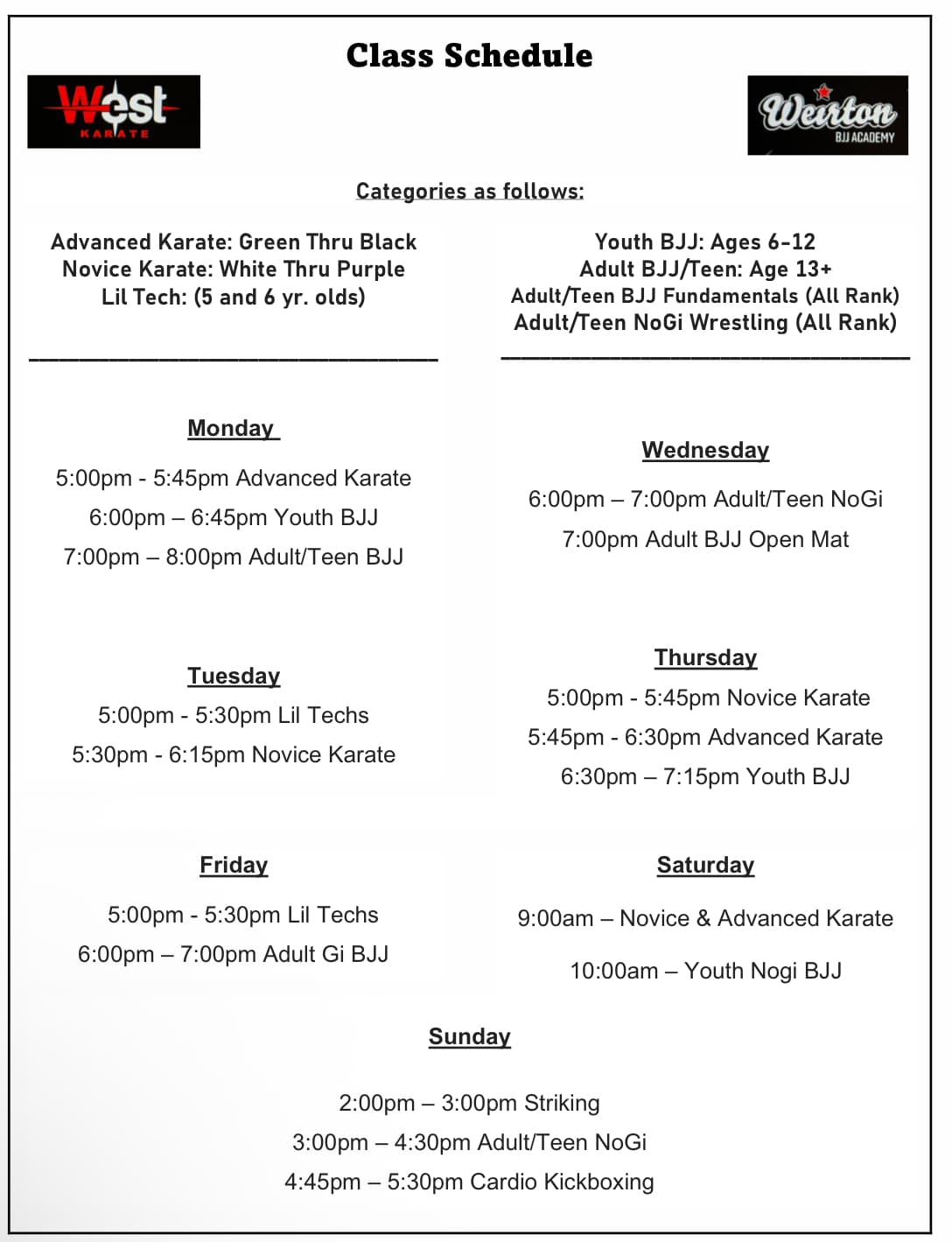 Weirton Location class schedule.